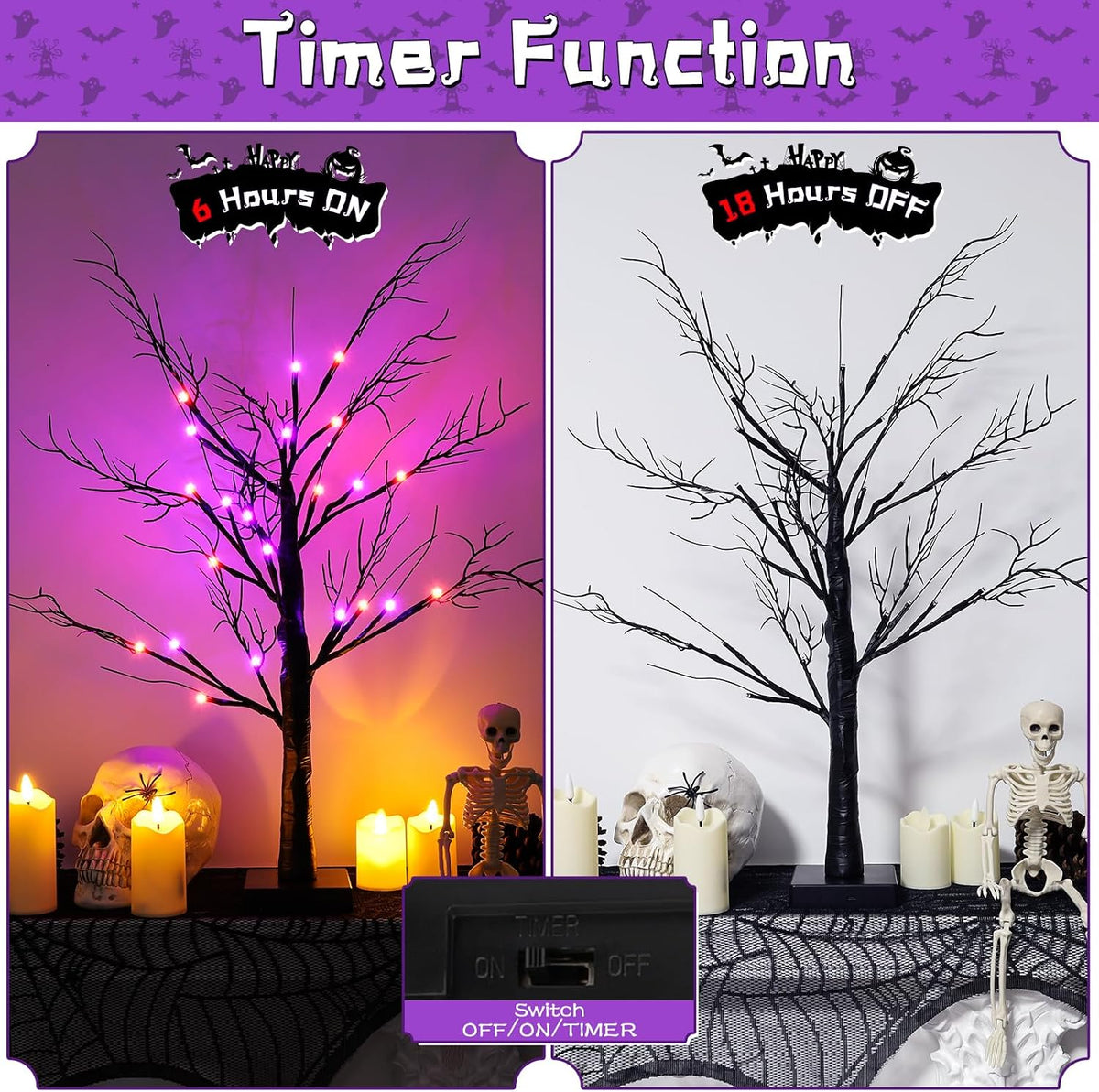 2Pack 24 Inch Halloween Spooky Tree with Lights, Lighted Tabletop Black Tree with Timer, Indoor Halloween Decorations for Home