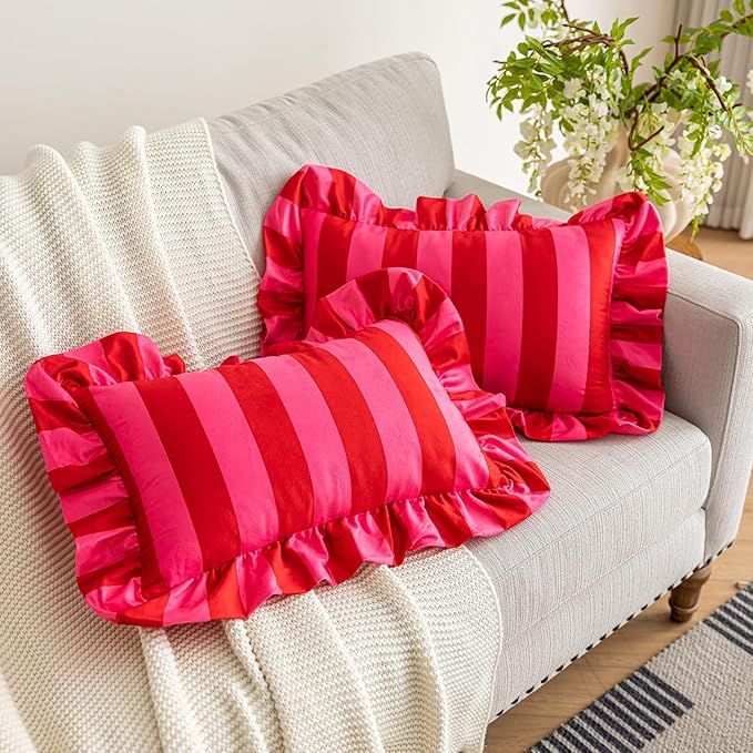 vctops Ruffle Lumbar Throw Pillow Covers Boho Pink and Red Striped Decorative - Image 4