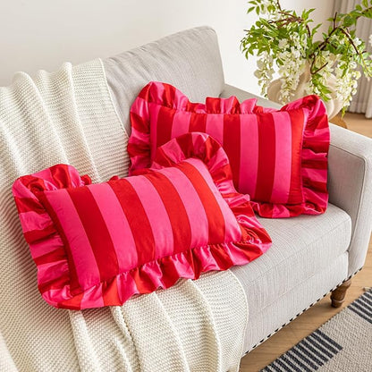 vctops Ruffle Lumbar Throw Pillow Covers Boho Pink and Red Striped Decorative - Image 4