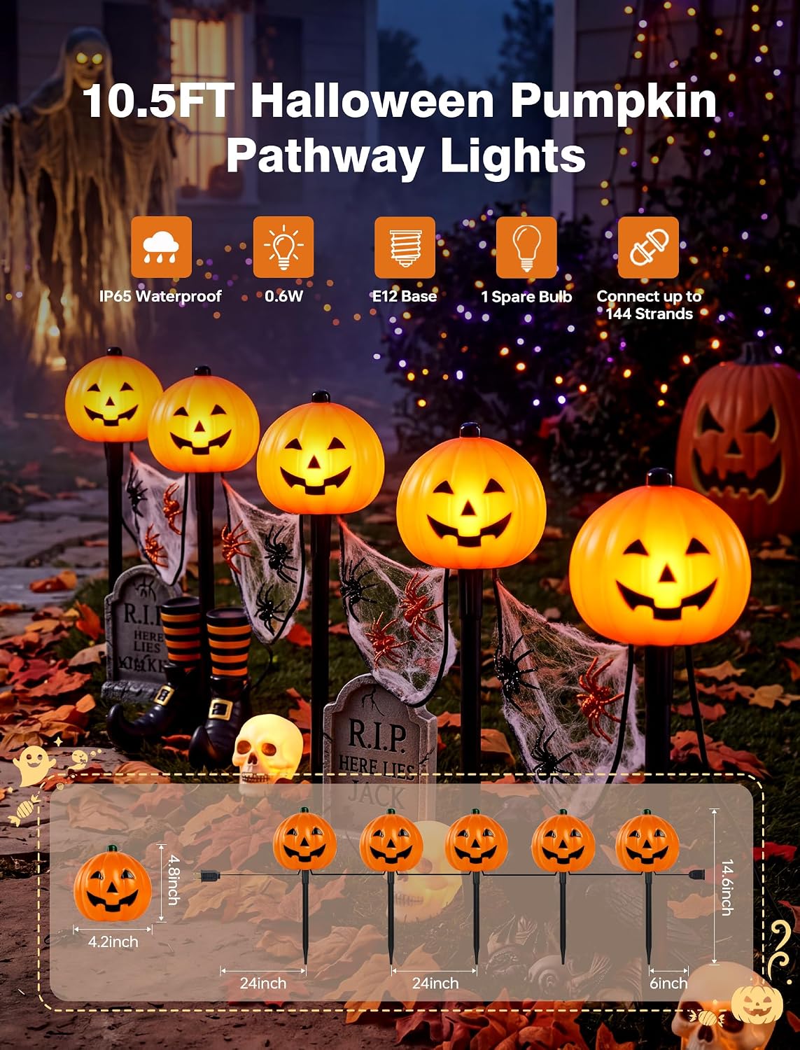 10.5FT Halloween Pathway Lights, 5PK LED Jack o Lantern Stake Lights