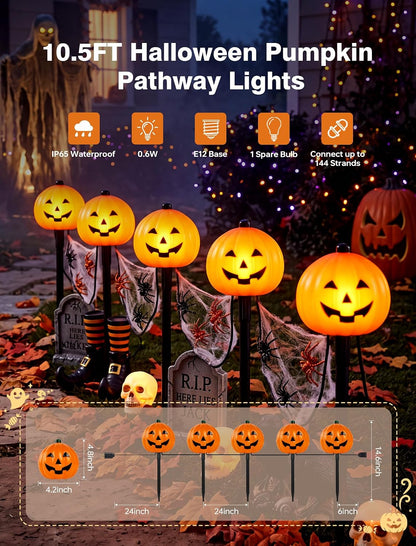 10.5FT Halloween Pathway Lights, 5PK LED Jack o Lantern Stake Lights
