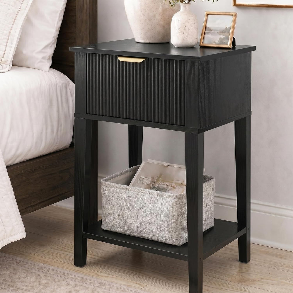 Black 15.4" Wide Small Nightstand with Drawer,Open Shelf,Fluted
