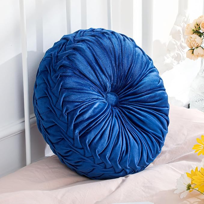 1 Pcs Round Throw Pillows Decorative Velvet Pleated Throw Pillows 15'' Diameter by Drydiet
