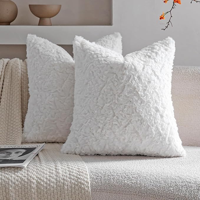 Neelvin Set of 2 Faux Fur Throw Pillow Covers 24x24 Inch White Cozy Soft Solid by Neelvin
