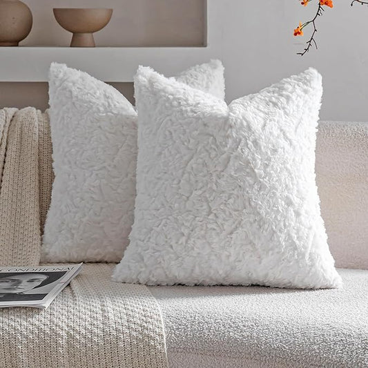 Neelvin Set of 2 Faux Fur Throw Pillow Covers 18x18 Inch White Cozy Soft Solid by Neelvin