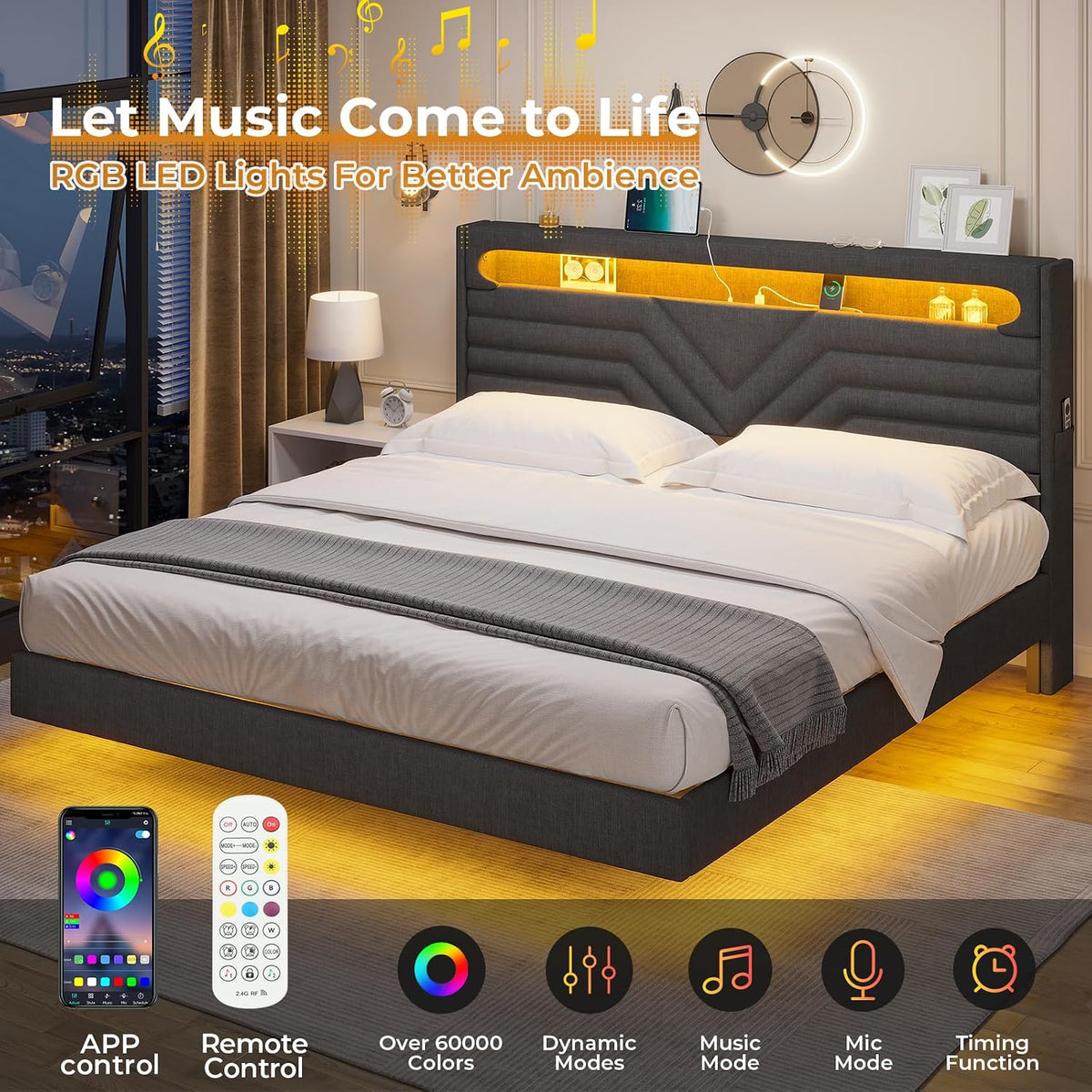hauoms led floating bed frame full size with shown in use