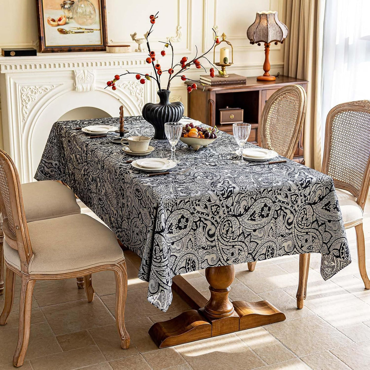 Black Jacquard Floral Tablecloth Rectangle 57”x70”, Waterproof & Wrinkle Resistant Damask Vintage Table Cloth, Luxury Table Cover for Dinning Halloween Wedding Party Christmas