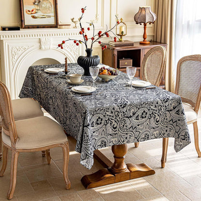 Black Jacquard Floral Tablecloth Rectangle 57”x70”, Waterproof & Wrinkle Resistant Damask Vintage Table Cloth, Luxury Table Cover for Dinning Halloween Wedding Party Christmas