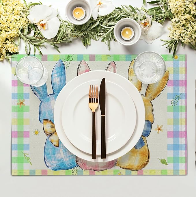 Easter Bunny Placemats Set of 4 Green Blue Pink Yellow Buffalo Plaid Rabbits - Image 3