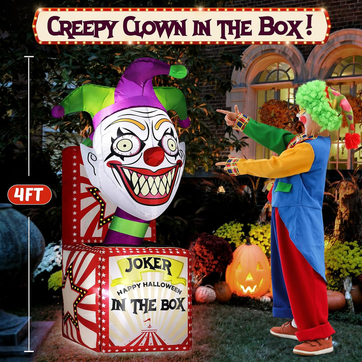 zukakii 4FT Halloween Inflatables Clown Box with Bright LED Lights, Vivid Design Creepy Halloween Decorations Outdoor Spooky Blow Ups Yard Decoration blowups for Indoor Holiday Party Lawn