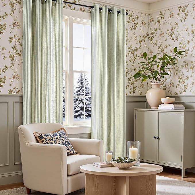 Vangao Linen Striped Green Christmas Curtains - Image 3
