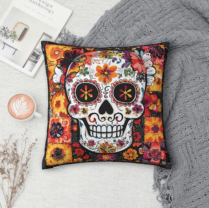 Throw Pillow Covers 18x18 Set of 2, Sugar Skull Cushion Covers, Decorative - Image 4