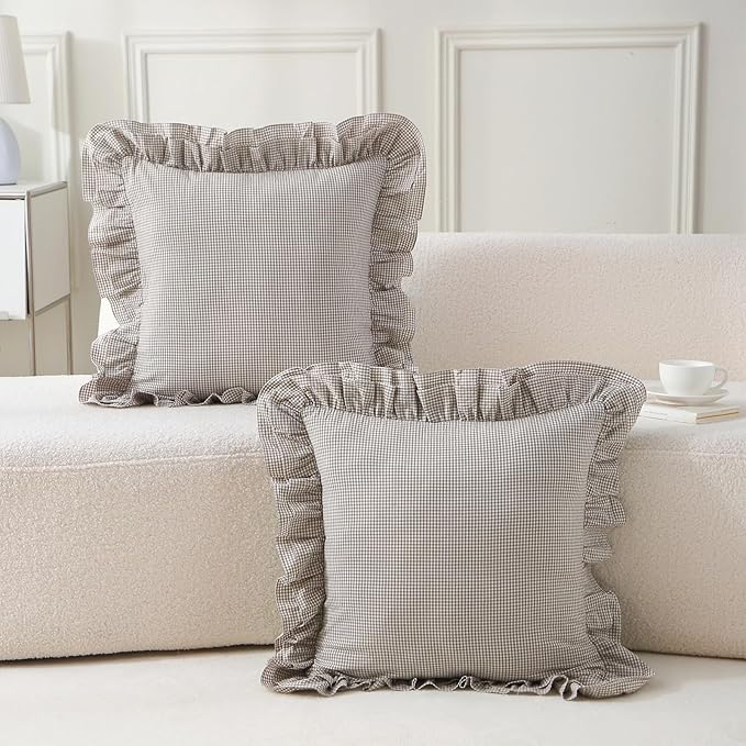 Aryeleay 2 Pack Brown White Plaid Gingham Ruffle Pillow Shams, 100% Washed - Image 6