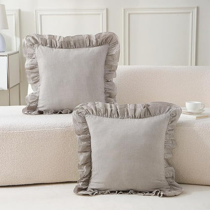 Aryeleay 2 Pack Brown White Plaid Gingham Ruffle Pillow Shams, 100% Washed - Image 6