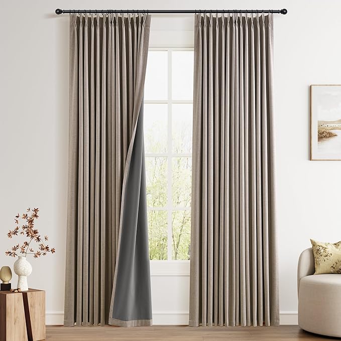 Pinch Pleat 100% Linen Blackout Curtains 90 Inches Long 2 Panels Insulated by Joywell