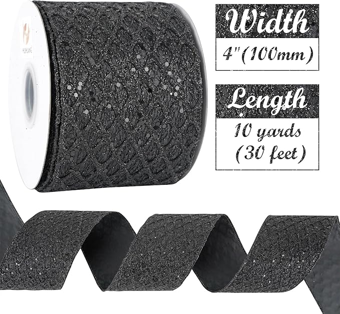 HUIHUANG Black Glitter Wired Ribbon 4 inch Black Christmas Tree Ribbon Diamond - Image 3