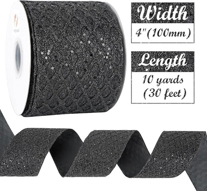 HUIHUANG Black Glitter Wired Ribbon 4 inch Black Christmas Tree Ribbon Diamond - Image 3