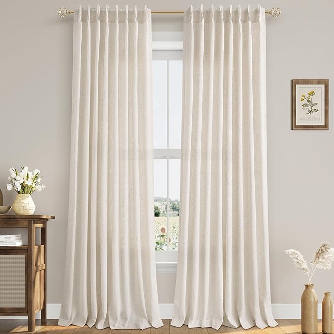 Natural Pinch Pleat Linen Curtains 86 Inch Length 2 Panels Set by Aersas