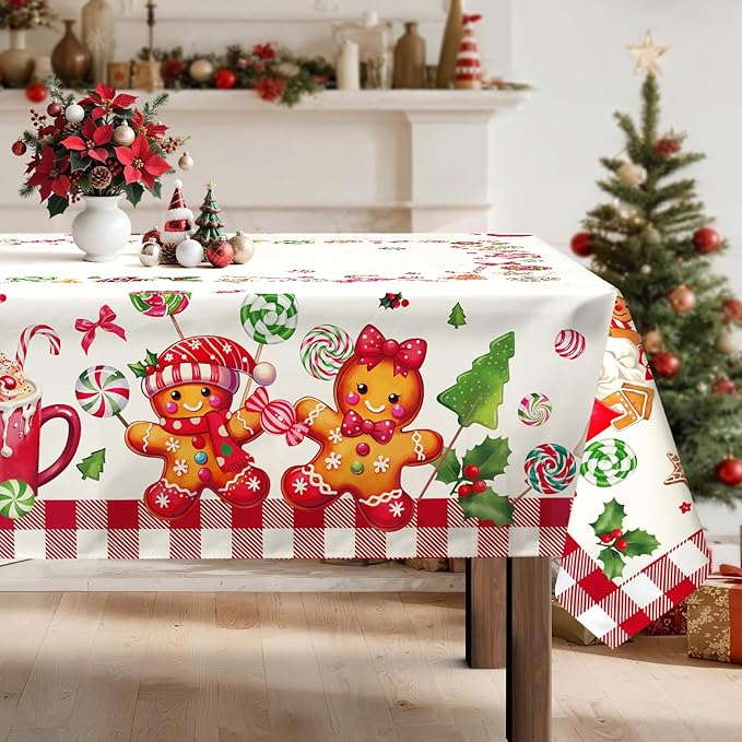 Christmas Gingerbread Tablecloth Waterproof, Candy Cane Table Cloth Rectangle by Arquiel