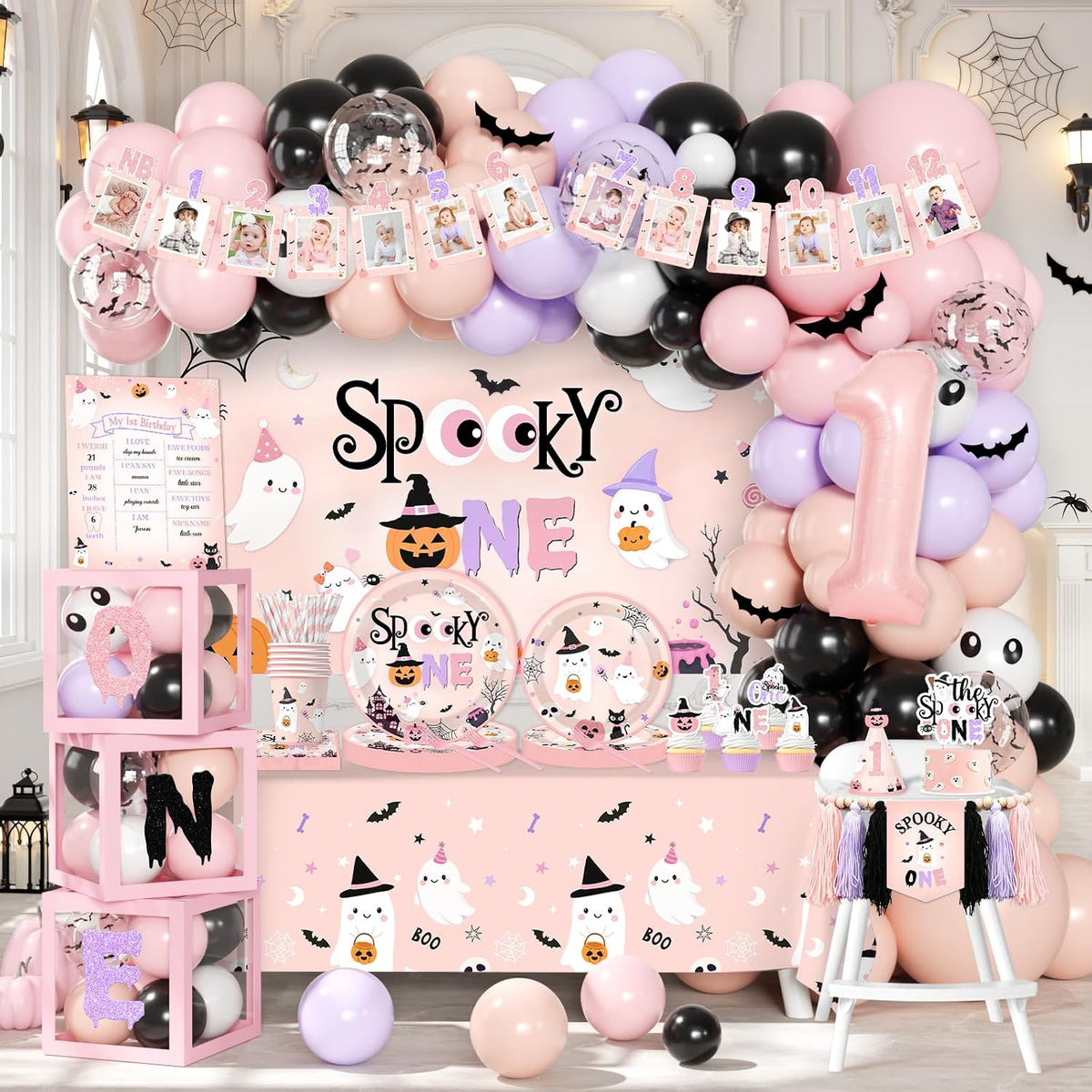 Spooky One Birthday Decorations Girl, 276 Pcs Pink Halloween 1st Birthday Party Decorations with Spooky One Plates,Napkins,Banner,Backdrop,Tablecloth and Balloon Arch for Ghost First Birthday