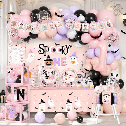 Spooky One Birthday Decorations Girl, 276 Pcs Pink Halloween 1st Birthday Party Decorations with Spooky One Plates,Napkins,Banner,Backdrop,Tablecloth and Balloon Arch for Ghost First Birthday