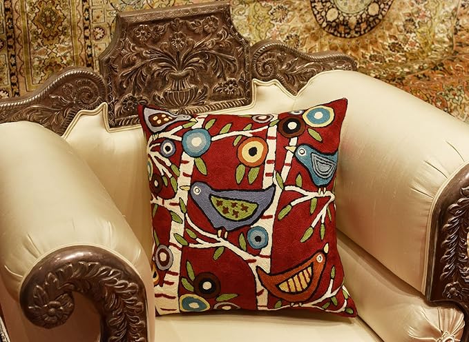 Red Plant Birds Throw Pillow Cover | Karla Gerard Designer Pillowcase Burgundy - Image 2