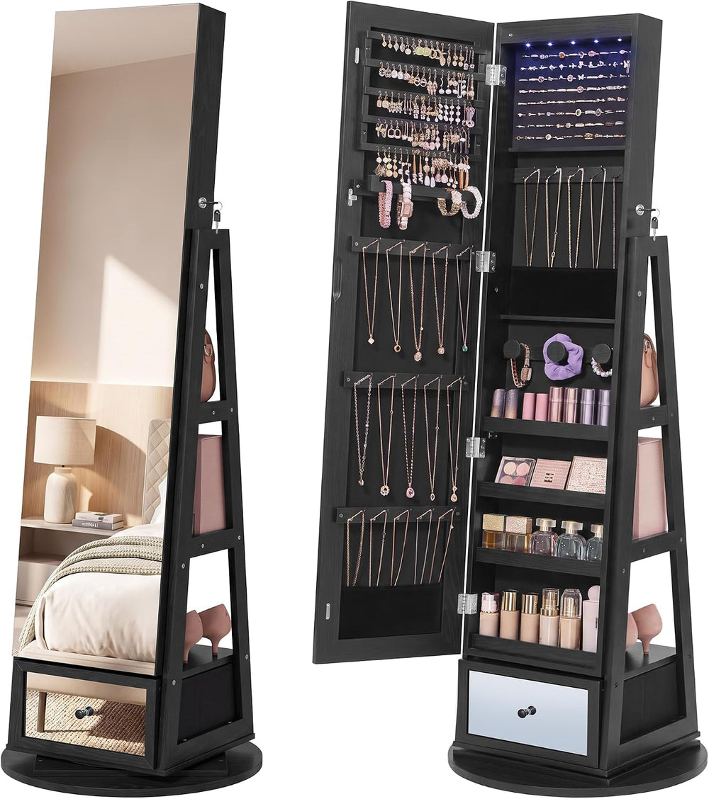 SONGMICS LED Jewelry Organizer, Full Length Mirror with Storage, Rotating