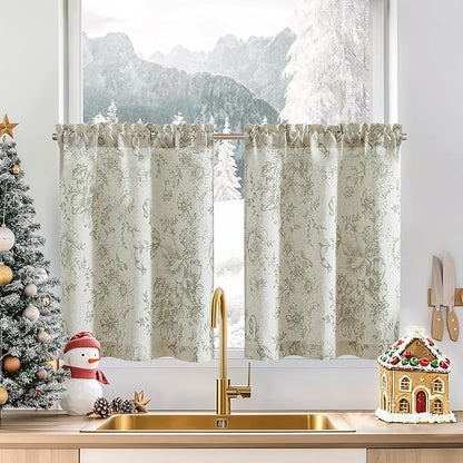 jinchan Floral Linen Tier Curtains 30 Inch Christmas Decorations Farmhouse by JINCHAN