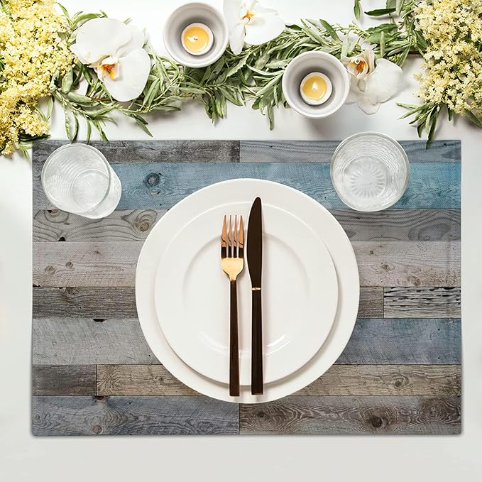 Giwawa Rustic Wood Grain Placemats Set of 4, Vintage Barn Wooden Linen Table Mat - Image 3