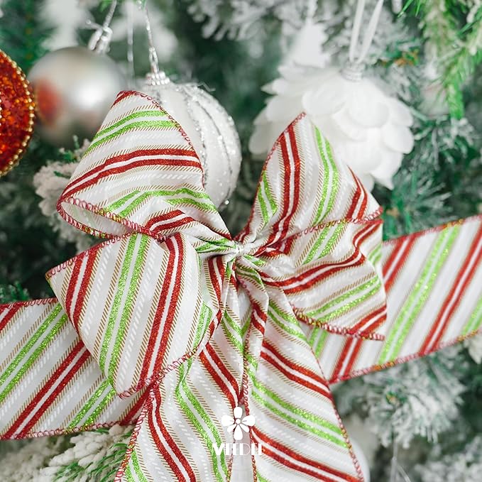 MEEDEE Red and Green Diagonal Striped Ribbon 2.5 Inch White Satin - Image 6
