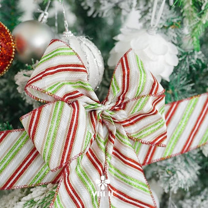 MEEDEE Red and Green Diagonal Striped Ribbon 2.5 Inch White Satin - Image 6