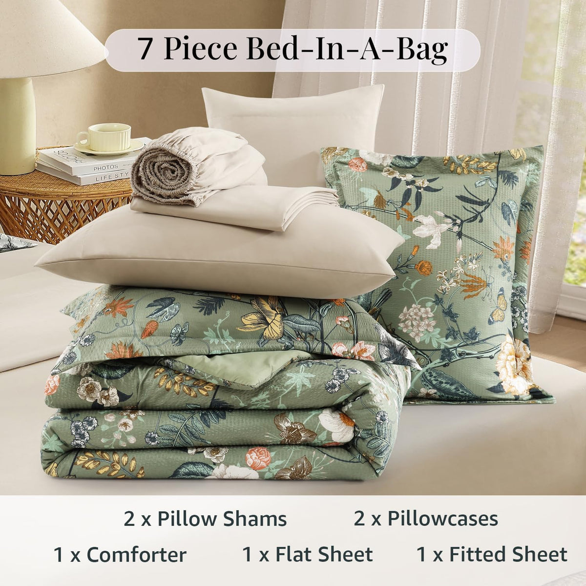 full size comforter sets - 7 pieces floral, front angle view
