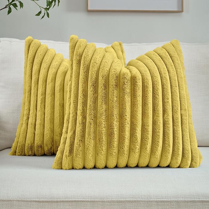 FUTEI Mustard Yellow Throw Pillow Covers Set of 2, 22x22 Inch Striped Texture by FUTEI