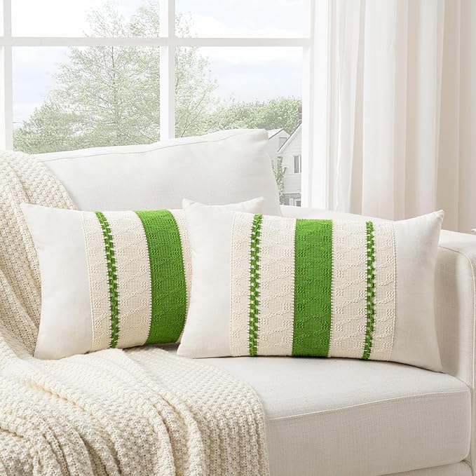 Fancy Homi Set of 2 Boho Lime Green Lumbar Decorative Throw Pillow Cover 12x20 by Fancy+Homi