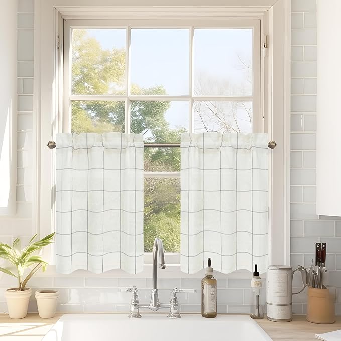 DriftAway Kitchen Curtains Striped Tier Linen Short Curtains Windowpane Plaid by DriftAway