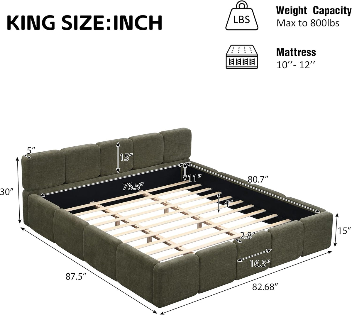 merax king boucle platform bed with thick headboard, close-up detail