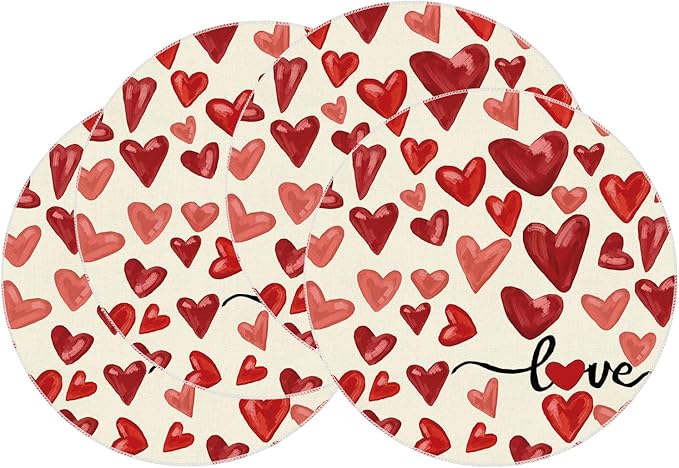 XCHI Watercolor Red Love Hearts Valentine’s Day Round Placemats Set of 4 Table by XCHI
