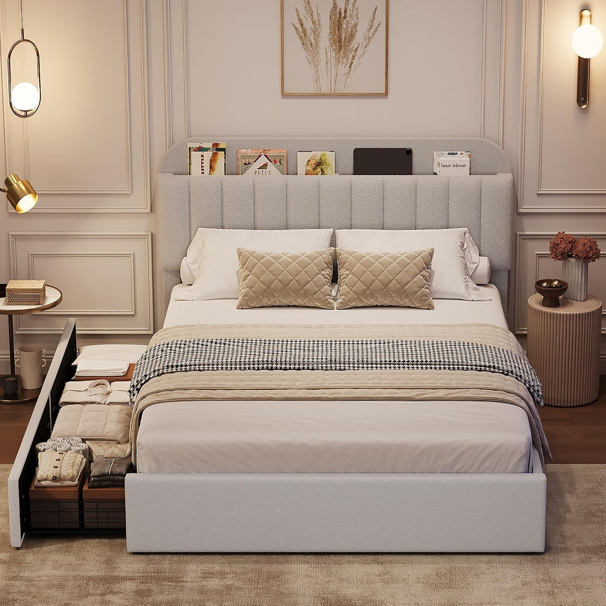 garveehome queen bed frame, platform bed with storage showing dimensions