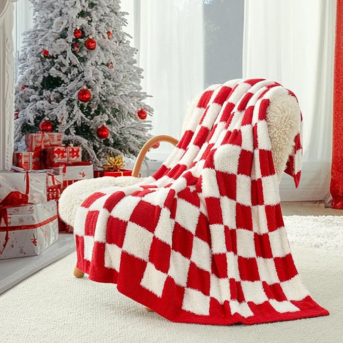 Snuggle Sac Red Checkered Christmas Blanket, Fluffy Faux Fur Ultra Soft Warm by SnuggleSac