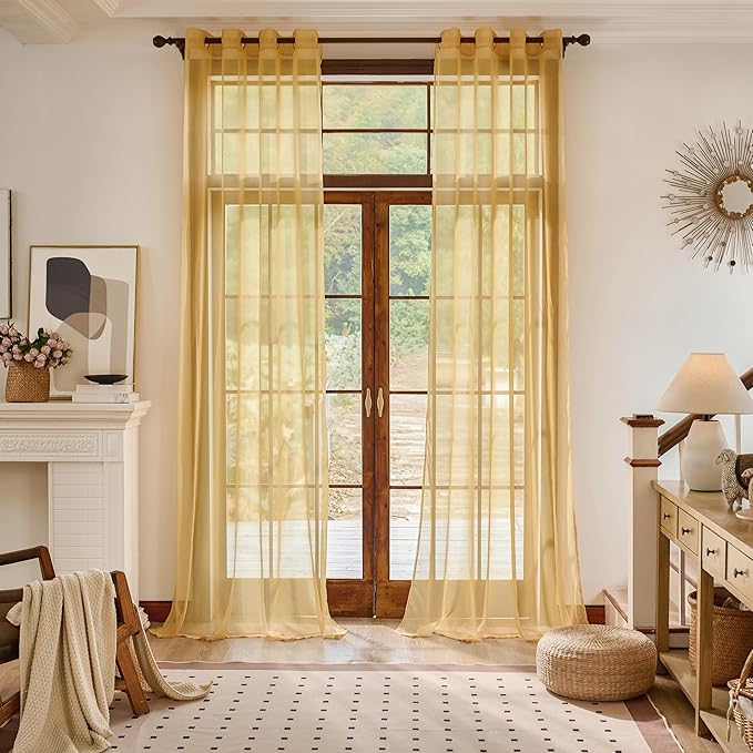 Stripe Gold Sheer Curtains 120 Inch Length Extra Long by MISSTIAM