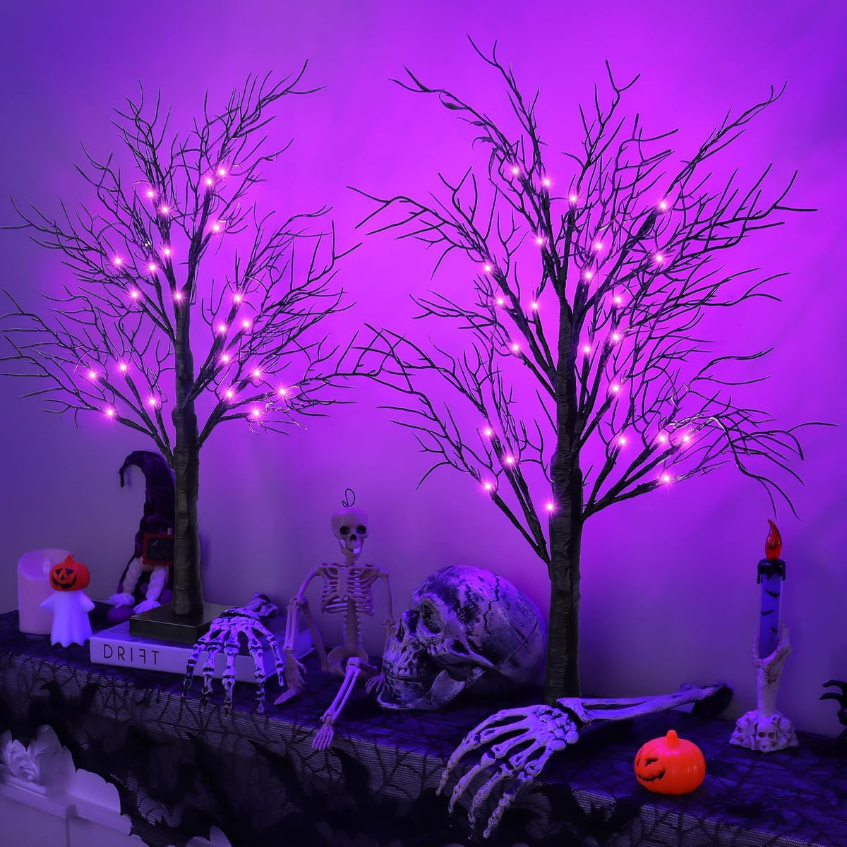 Halloween Decorations Indoor 2 Pack 24 Inch Black Spooky Tree with 48 Purple Led Lights, Timer/USB/Battery Operated Lighted Tabletop Tree Halloween Table Decor for Home Office Holiday Party