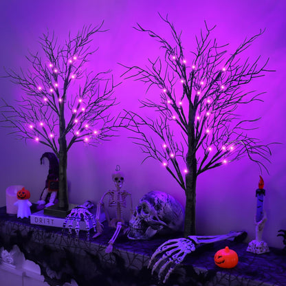 Halloween Decorations Indoor 2 Pack 24 Inch Black Spooky Tree with 48 Purple Led Lights, Timer/USB/Battery Operated Lighted Tabletop Tree Halloween Table Decor for Home Office Holiday Party