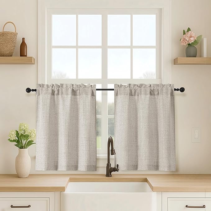 OVZME Kitchen Curtains 24 Inch Length, Light Filtering Faux Linen Textured by OVZME