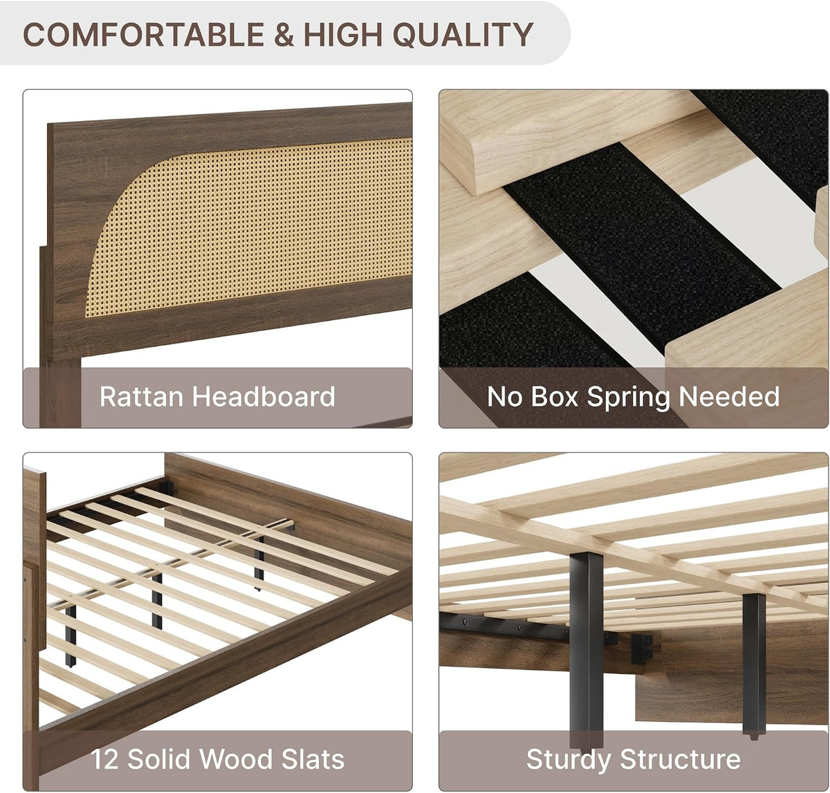 kislot boho rattan bed frame, farmhouse platform, walnut, package contents