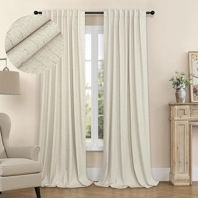 Burlap Curtains 90 Inches Long for Bedroom 2 Panel 100 Percent Blackout Linen by Pitalk