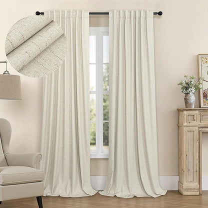 100% Blackout Neutral Curtains for Living Room 96 Inches Long 8 ft Faux Linen by Pitalk