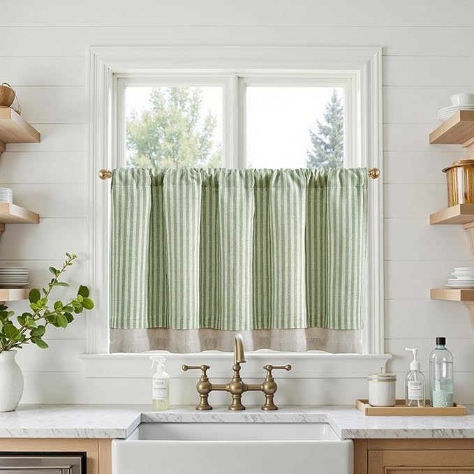 jinchan Double Layer Striped Linen Kitchen Tier Curtain Rustic Cafe - Image 2