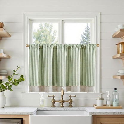 jinchan Double Layer Striped Linen Kitchen Tier Curtain Rustic Cafe - Image 2