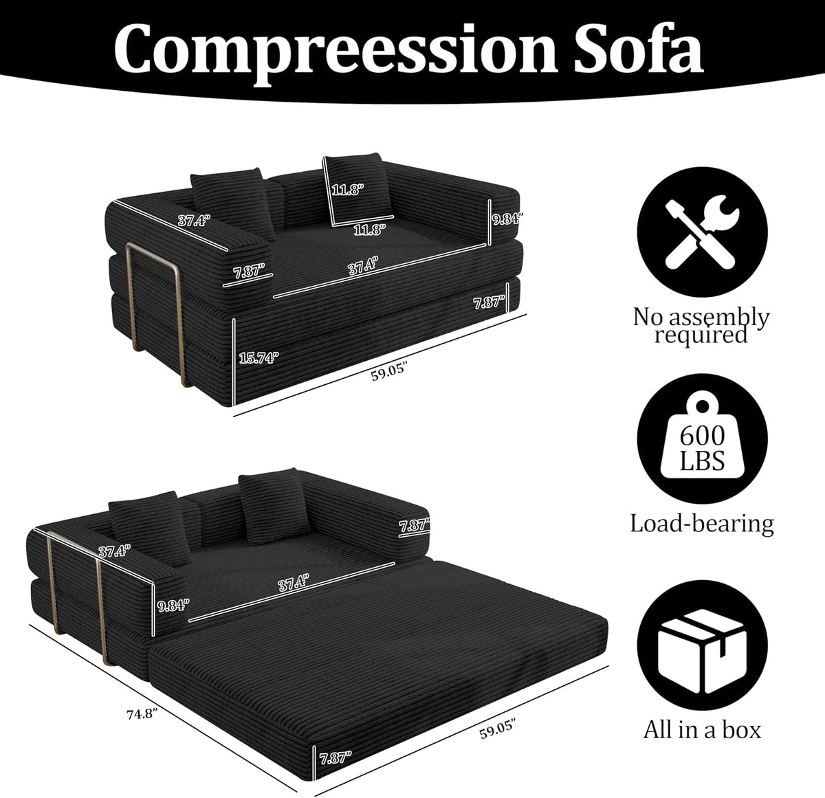 bshomgi convertible futon sofa bed, boneless couch for shown in use