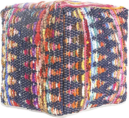 LR Home Denim Bordered Shabby Chic Hand-Loomed Cotton Jute Cube Pouf - Image 2